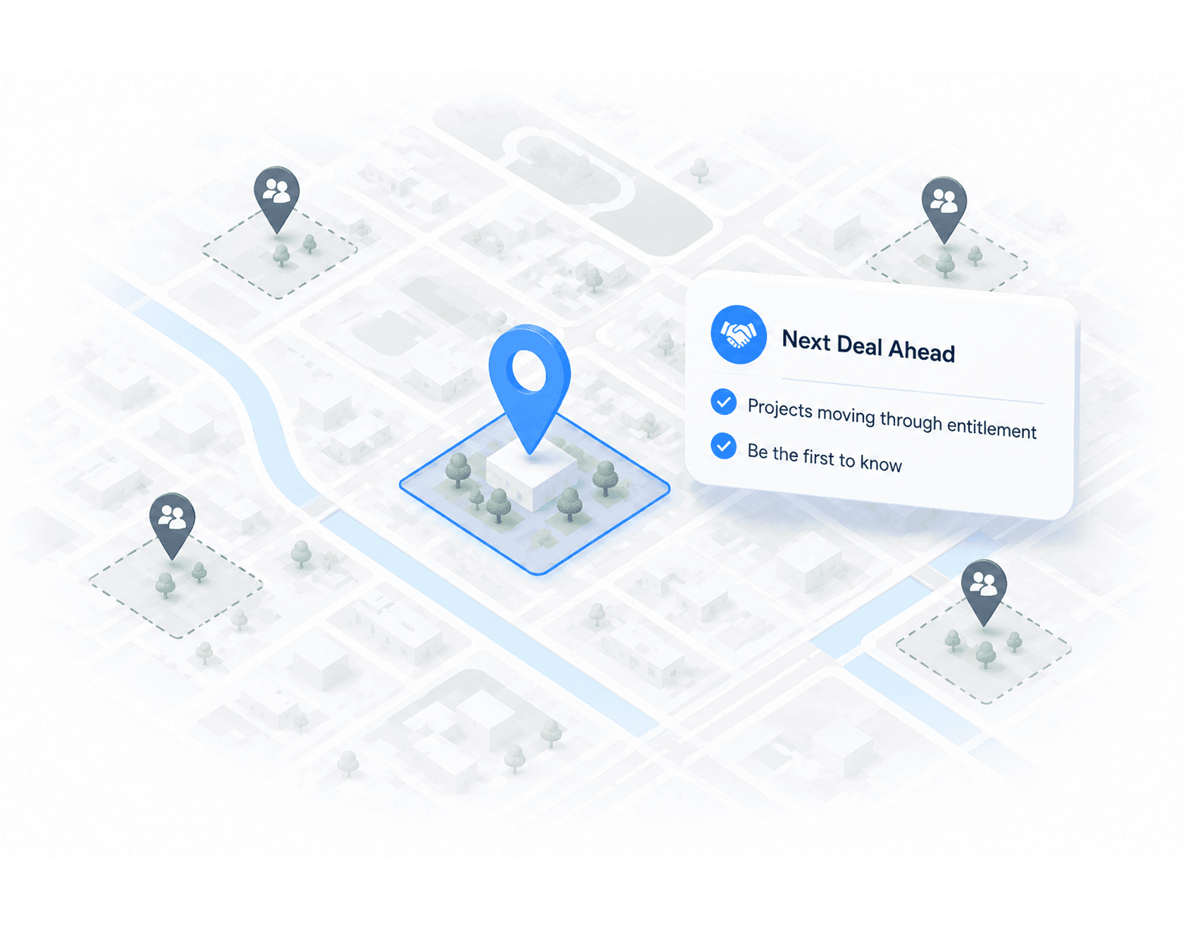Map of a municipality with a card flagging the next deal moving through entitlement