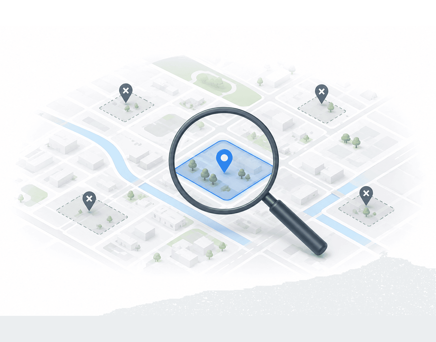 Map of a municipality with a magnifier over a parcel under review