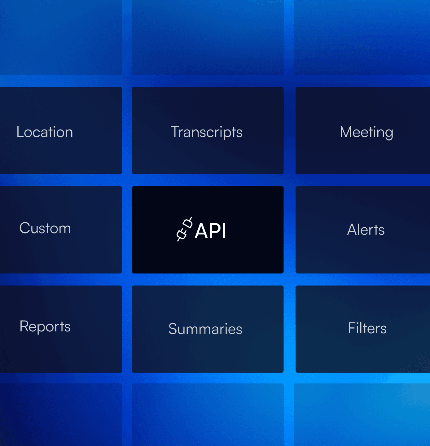 A grid of API capabilities: location, transcripts, meeting, custom, alerts, reports, summaries, and filters