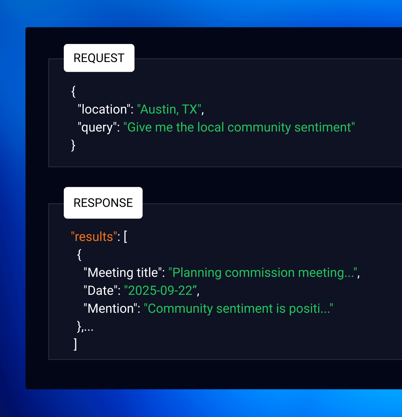 A request asking for local community sentiment in Austin, TX returning structured results